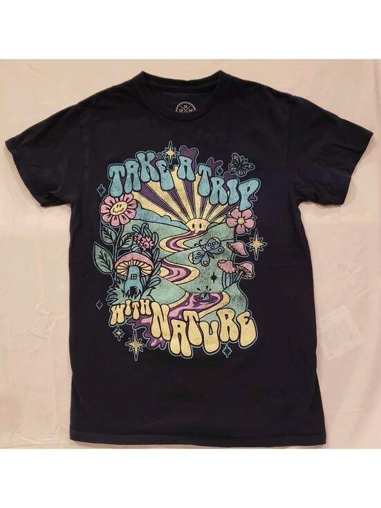 DOM Tops - DOM Take A Trip With Nature Mushroom Graphic Tee Women’s Size S Black Blue Shirt